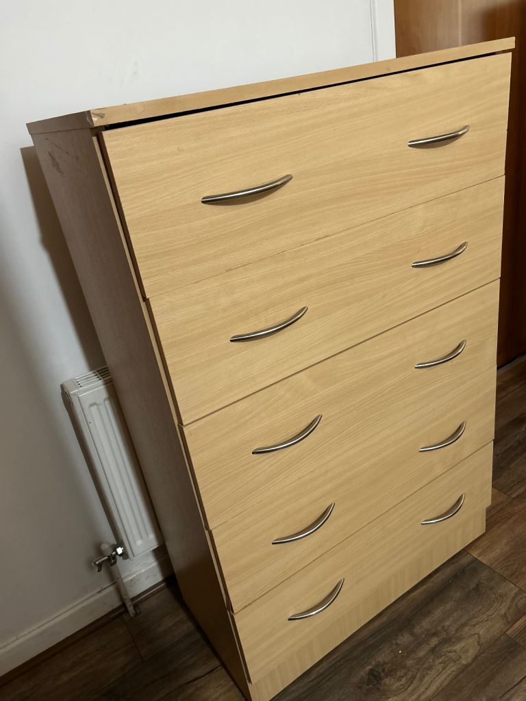 Tall Light Wood Chest of Drawers with 5 Drawers