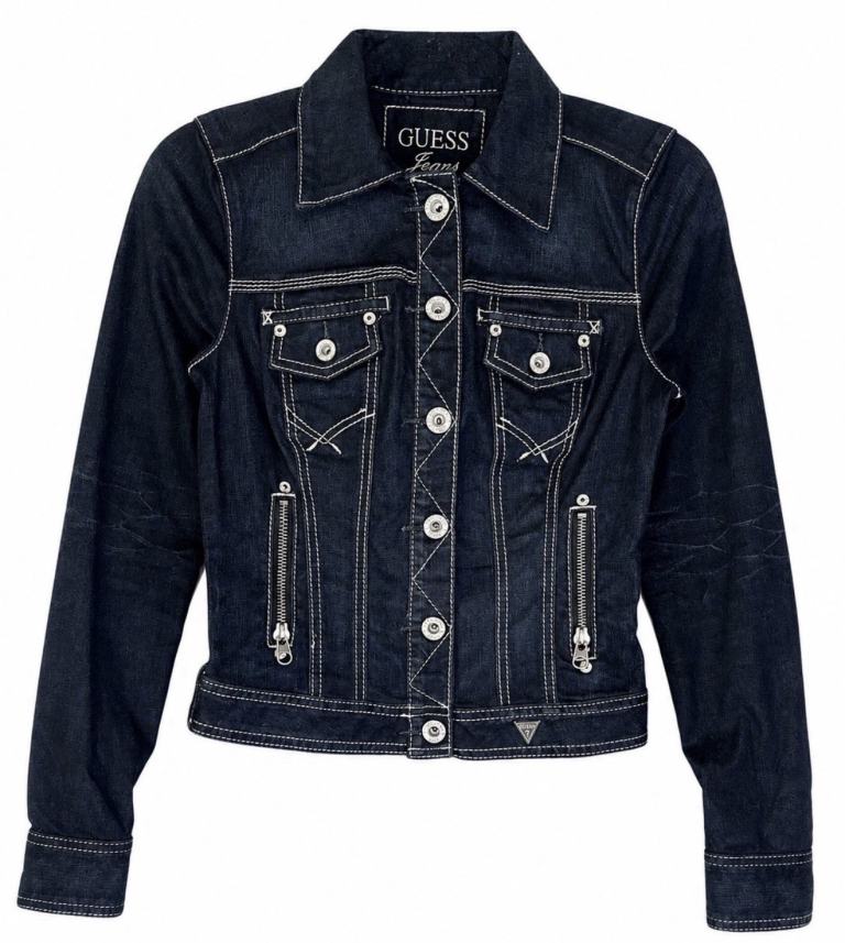 Guess Jeans Womens Denim Jacket Small Dark Blue Fitted Y2K Zip Pocket Trucker