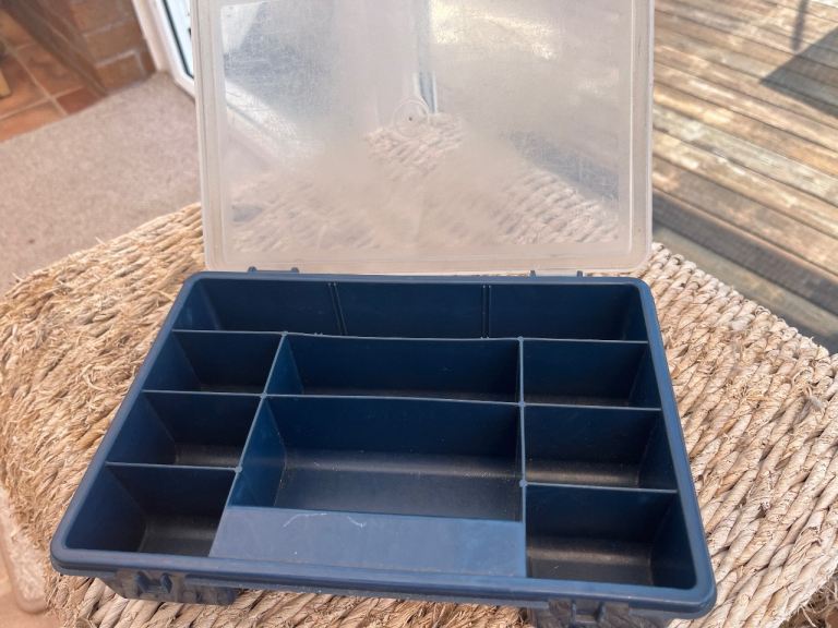 Fishing tackle or buttons/jewellery bits box. Needs attention on one hinge but still ok.