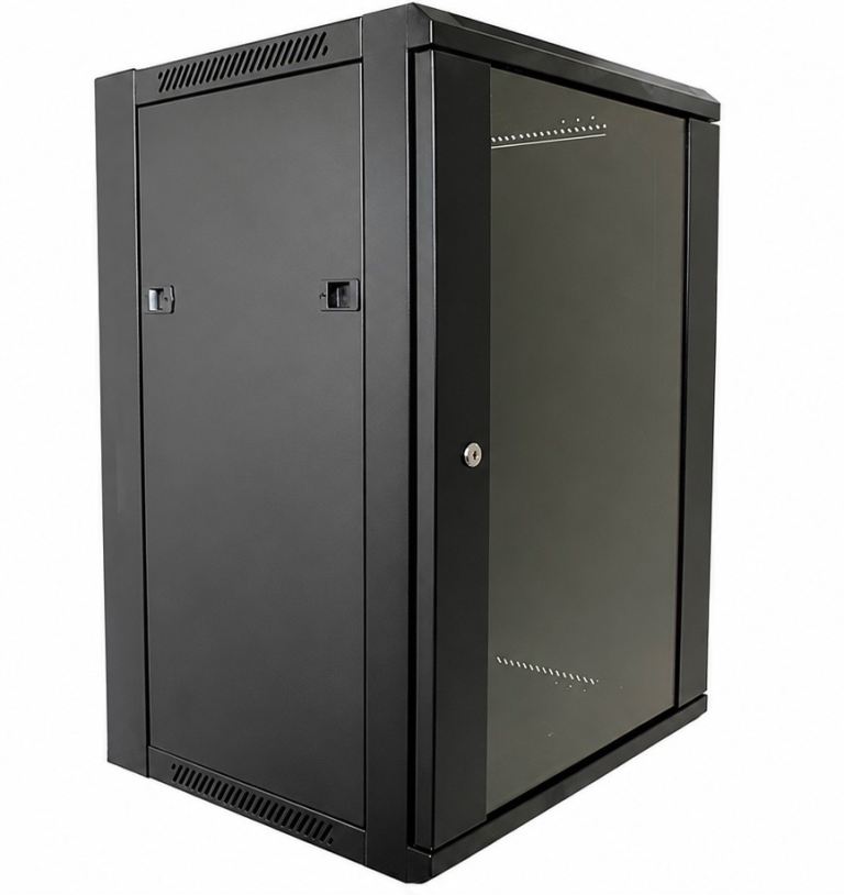 Linxcom 18U Cabinet Rack Server Data Enclosure Black Steel Lockable Glass Door