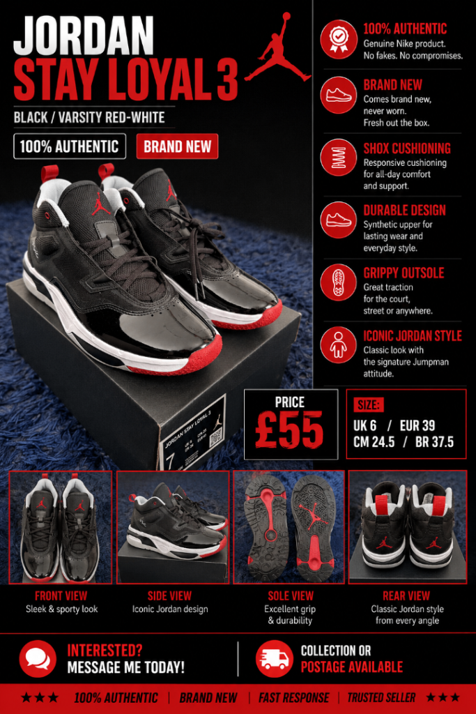 Brand New Jordan Stay Loyal 3 Trainers - Black/Varsity Red-White, UK 6, NEW