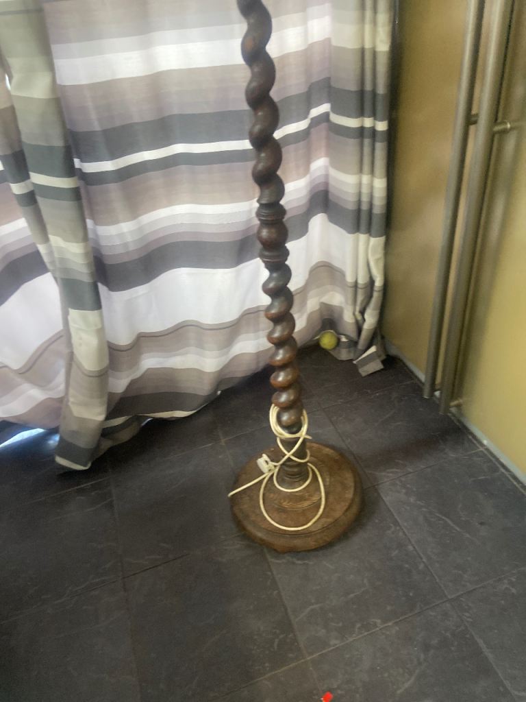 Vintage  wooden barley twist floor lamp with a floral fabric shade