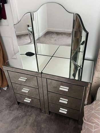 Elegant Side Tables With Drawers & Tri-Fold Mirror