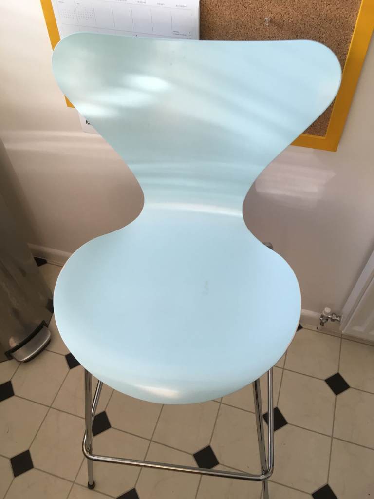 Bar stool - wooden seat + chrome frame, PALE BLUE SCANINDAVIAN DESIGNER - ORIGINAL 