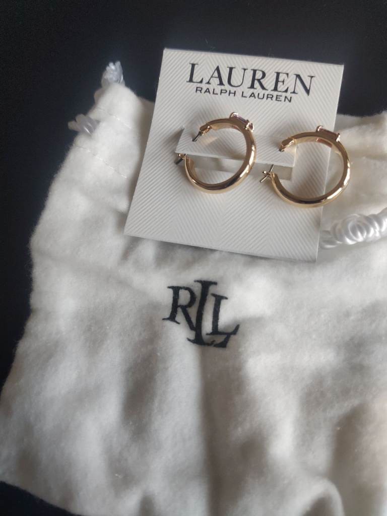 LAUREN Ralph Lauren Gold Hoop Earrings with Pink Stone – New