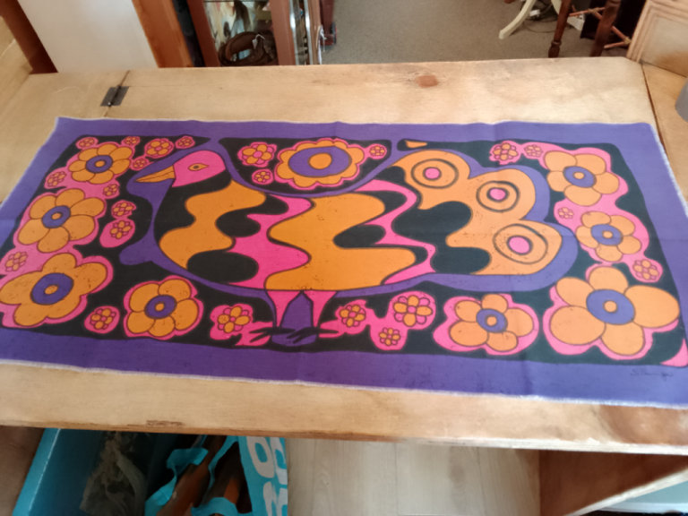 Vintage 1960s flower power hand screen-printed Dove fabric wall hanging. Created by Traute Sänger