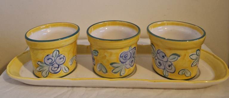 Handpainted Portugal Ceramic Herb Pots And Tray
