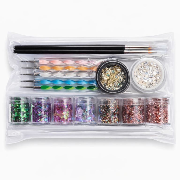 JOYJULY Nail Art Kit – 15 Brush Set, 5 Dotting Tools, Rhinestones, Glitter Flake