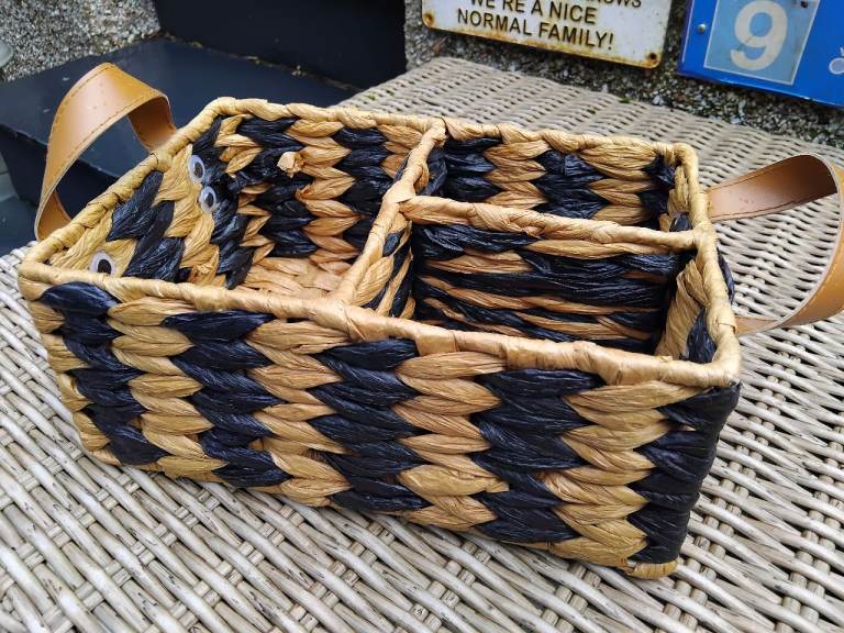 FABRIC WOVEN THREE SECTION BOX c/w HANDLES - WELL MADE