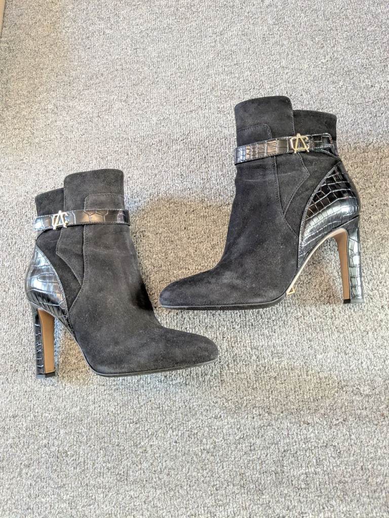 Black Stiletto Ankle Boots – Suede & Croc-Effect Leather – Size 5 UK (EU 38) – £155