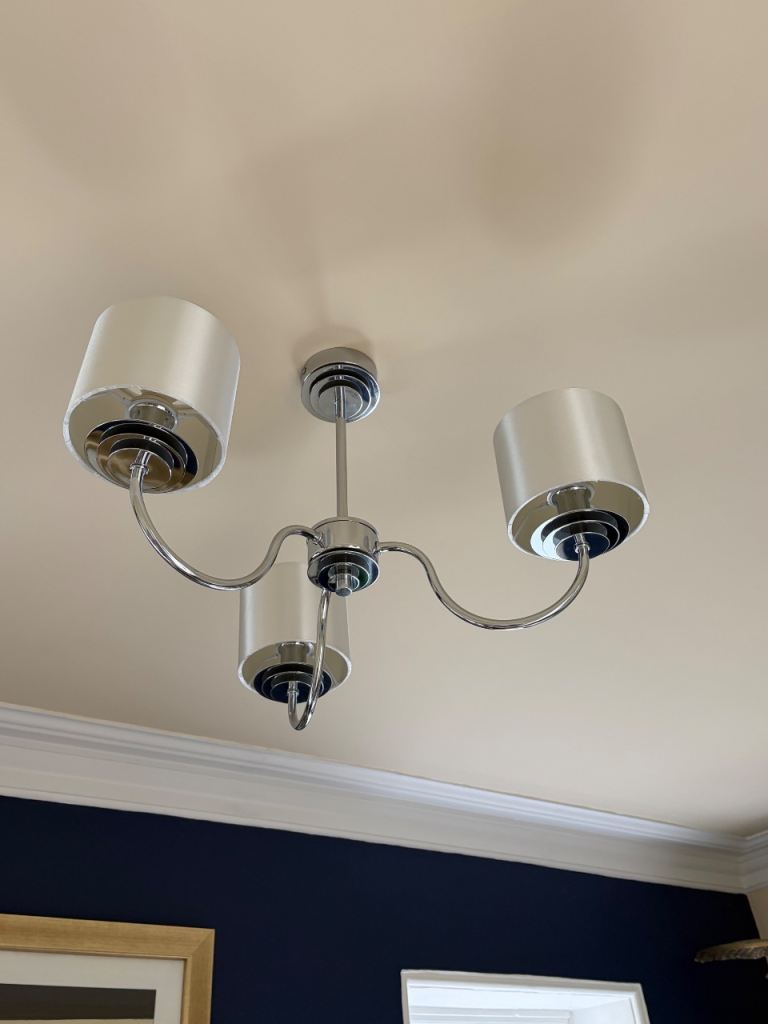 Free Modern Chrome Ceiling Light with 3 White shiny Shades – Good Condition