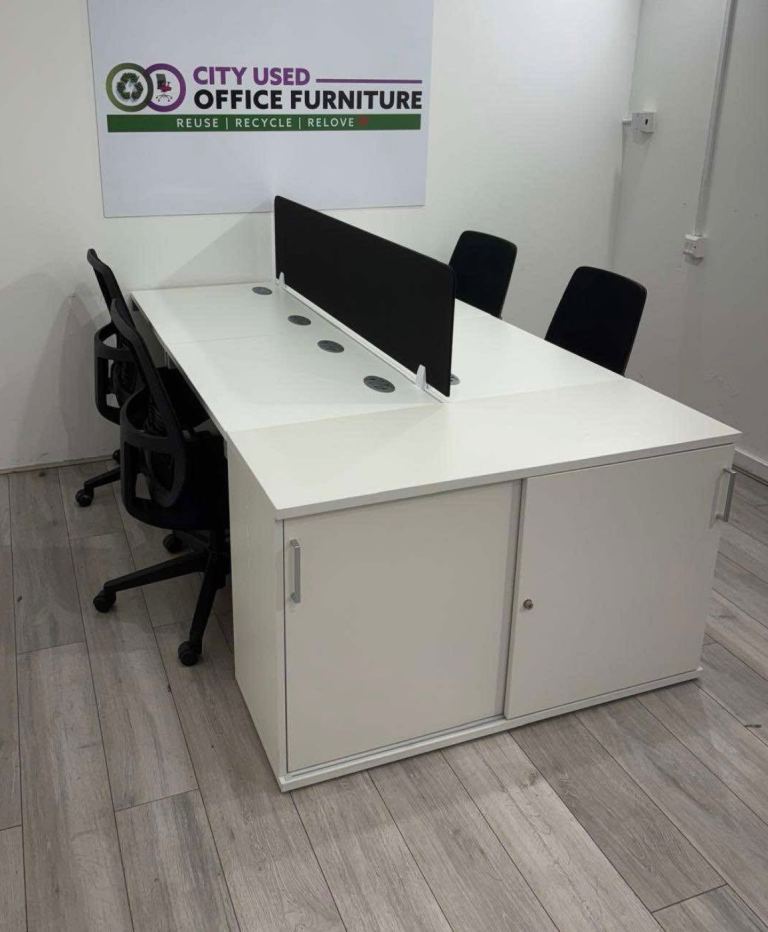 (SPECIAL OFFER) Modular 2/4/6/8-Person Bench Desking, White Top / Grey Frame, Portholes, W800mm