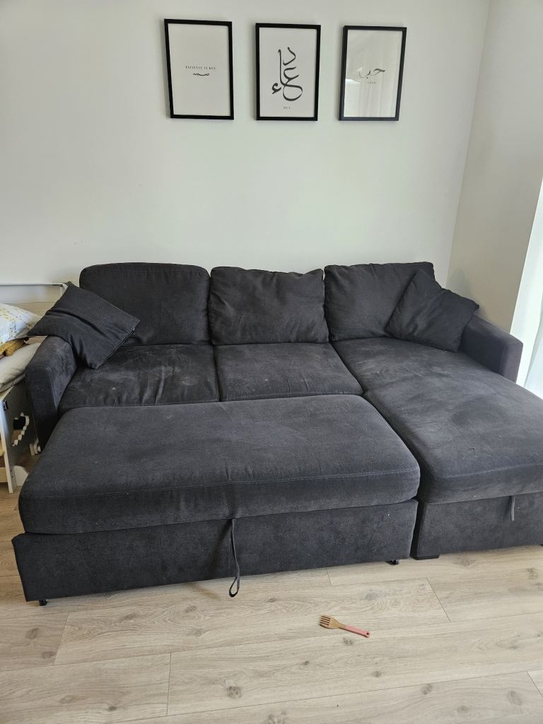 Large Grey Sofa cum Bed with Chaise and Storage – Good Condition