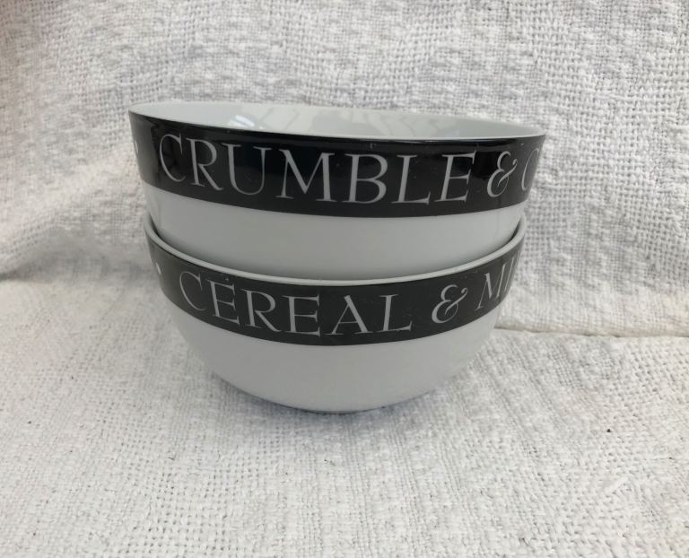 Two SABICHI Ceramic Bowls.   Cereal / Crumble Inscription VG Condition 15x7cm 