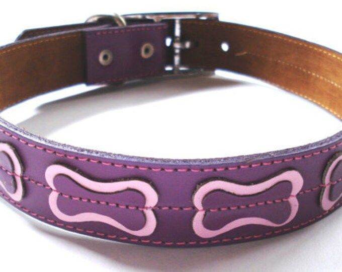 Leather Dog Collar Pink Purple Bones Silver Buckle Handmade Etsy Size S M