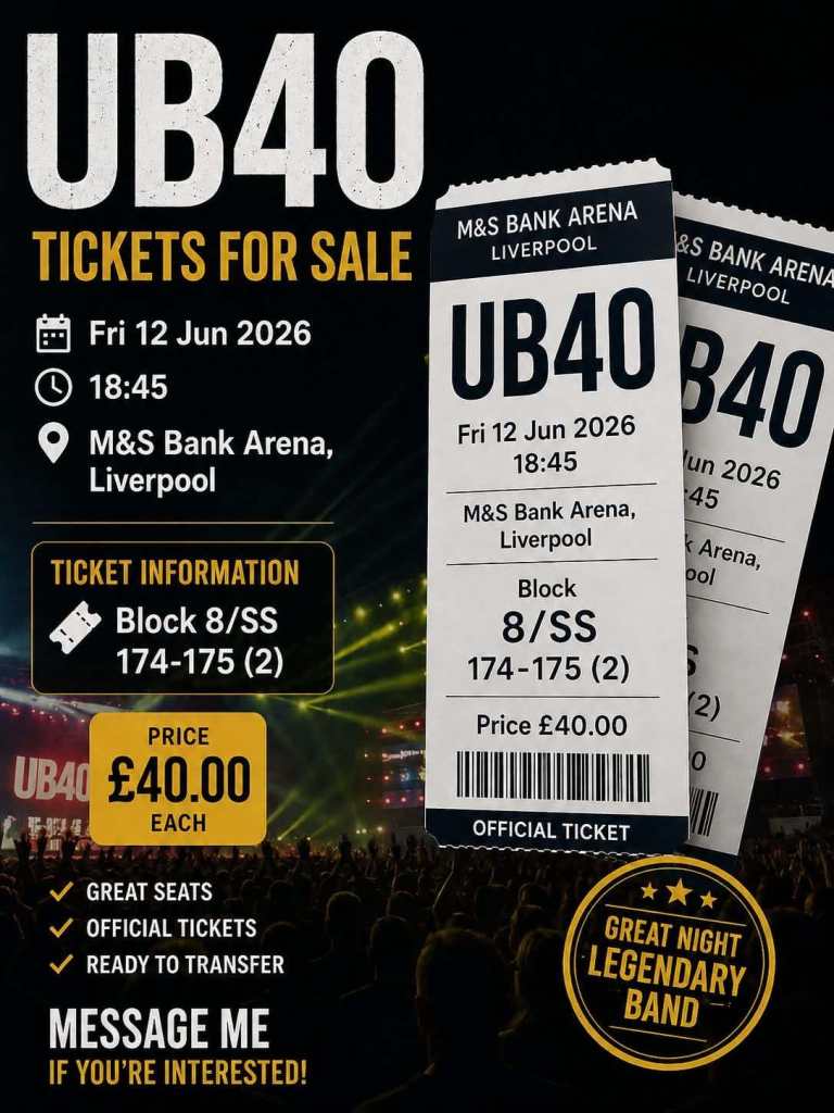 UB40 Concert Tickets - June 12th 2026 - Face Value £40 Each