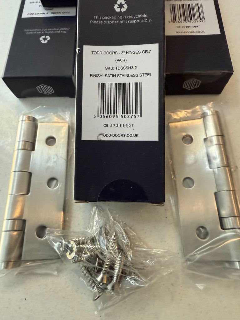 10 pairs of Todd Doors Satin Stainless Steel 3” hinges - brand new