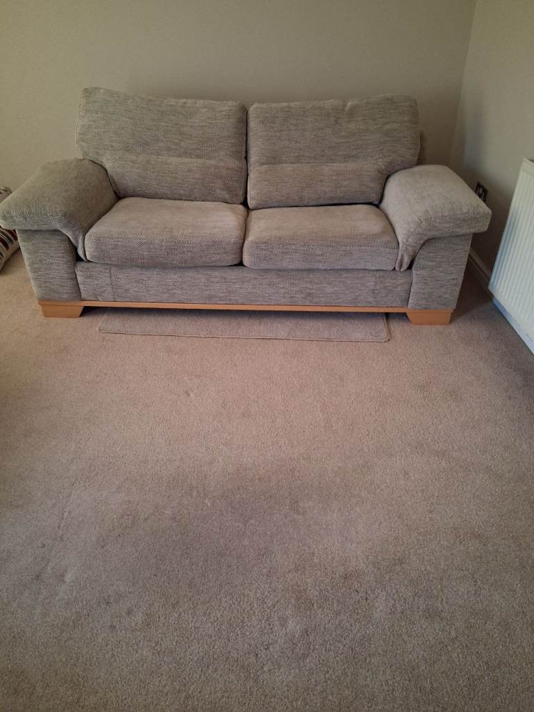 Comfortable Light Brown Fabric Two-Seater Sofa – Good Condition