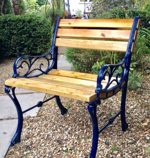 Garden Patio Chair - Blue Cast Iron & Wood