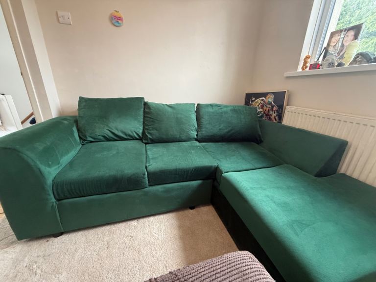 Faux Velvet Green Corner Sofa