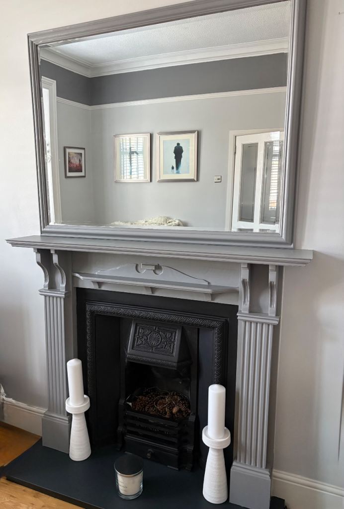 Good Condition Grey Wooden Fire Surround with Mirror