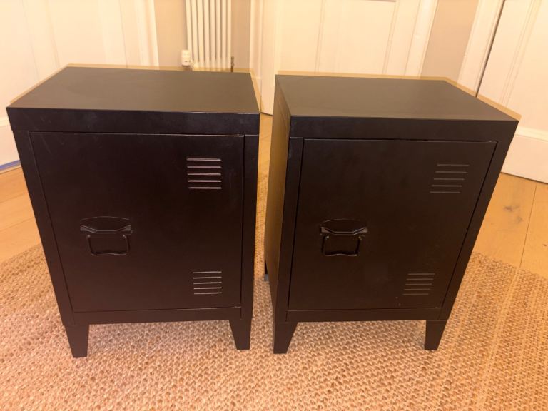 Pair of Black Metal Bedside Tables / Lockers – As Good As New