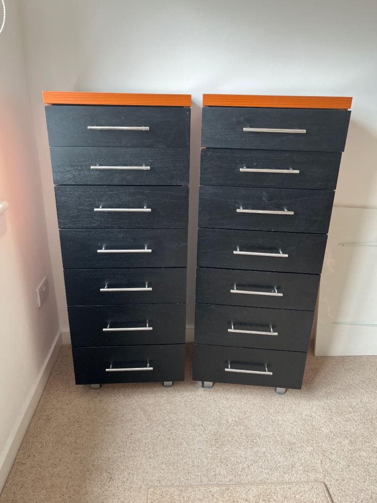 Pair of Black Chest of Drawers with Wooden Tops