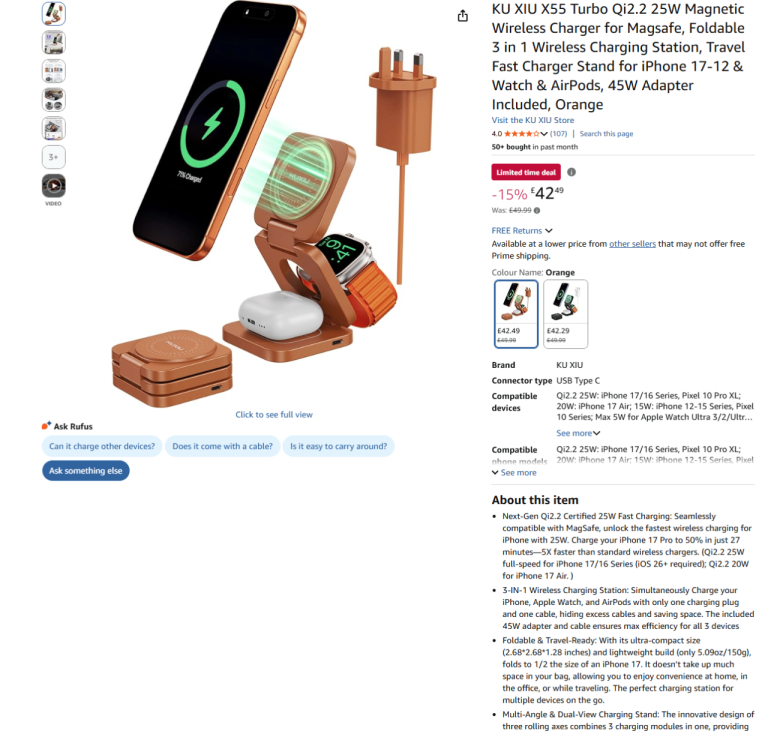 Foldable 3 in 1 Wireless Charging Station 25W Qi2.2 - Brand new - Half price