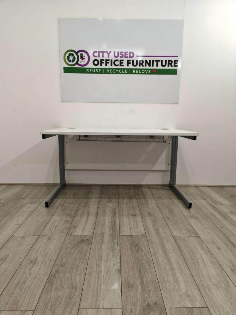 Rectangular Desk with 2-Drawer Pedestal, White Top, Grey Cantilever Frame