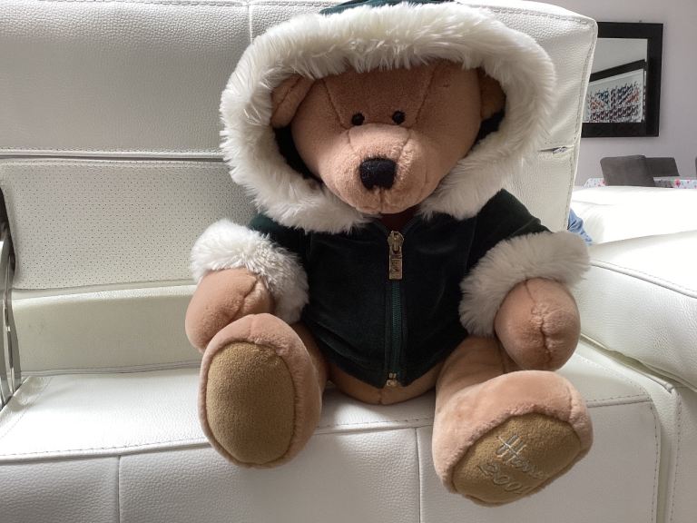 Harrods Christmas Bear 2001 ( Scott  ) with Green velvet Winter Jacket –Very Good Condition