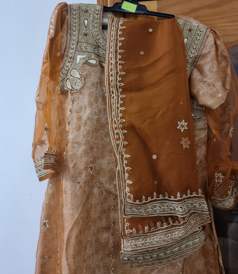 New. Brown/Beige/gold banarsi and tissue A-line dress. Chest 38inches. Asian wedding party outfit.