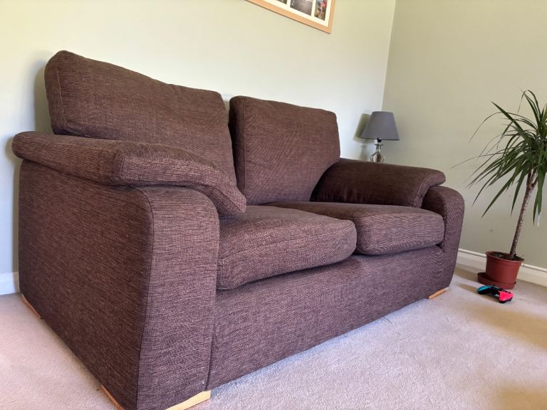 2x Two-Seater Sofas - Brown Fabric, Good Condition