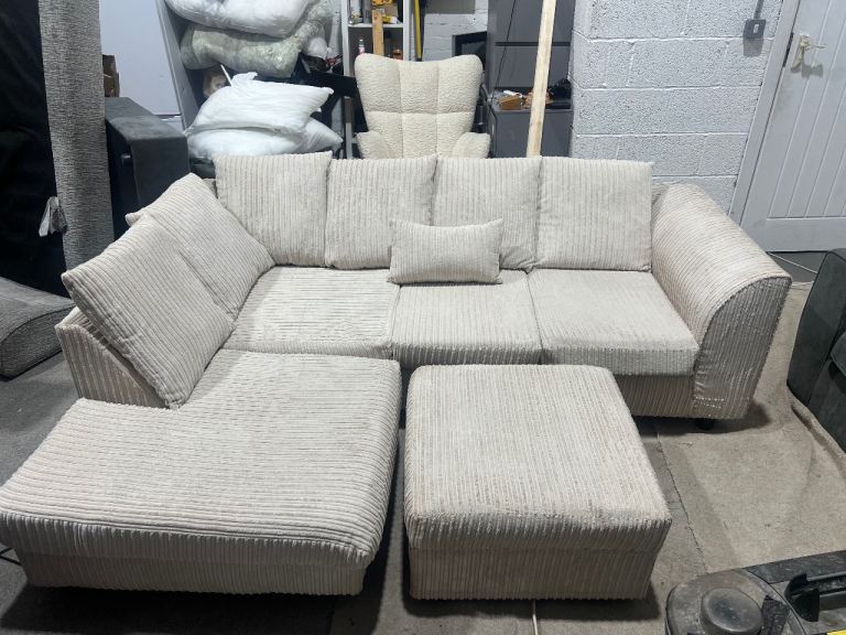 Lovely Beige Corduroy Corner Sofa with Footstool and Extra Cushion
