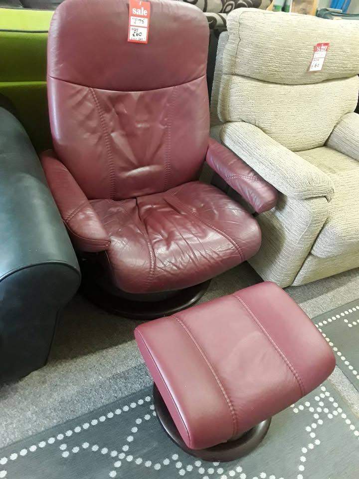 Brown-red leather swivel chair & footstool Low Cost Moves 2nd Hand Furniture STALYBRIDGE SK15 3DN
