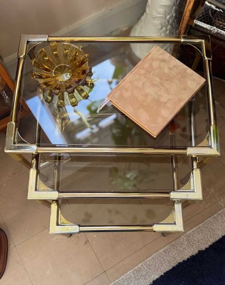 Vintage 1970s Gold Nesting Tables with Smoked Glass – Complete Set