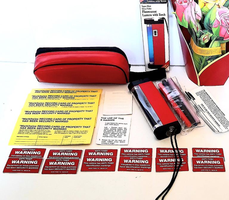 HOME SECURITY MARKER KIT - UV LAMP, MARKER PENS for CERAMIC. METAL, PL;ASTIC. FABRIC etc etc UNUSED