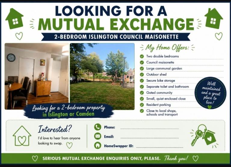 House swap Islington Council 2 bed maisonette 
