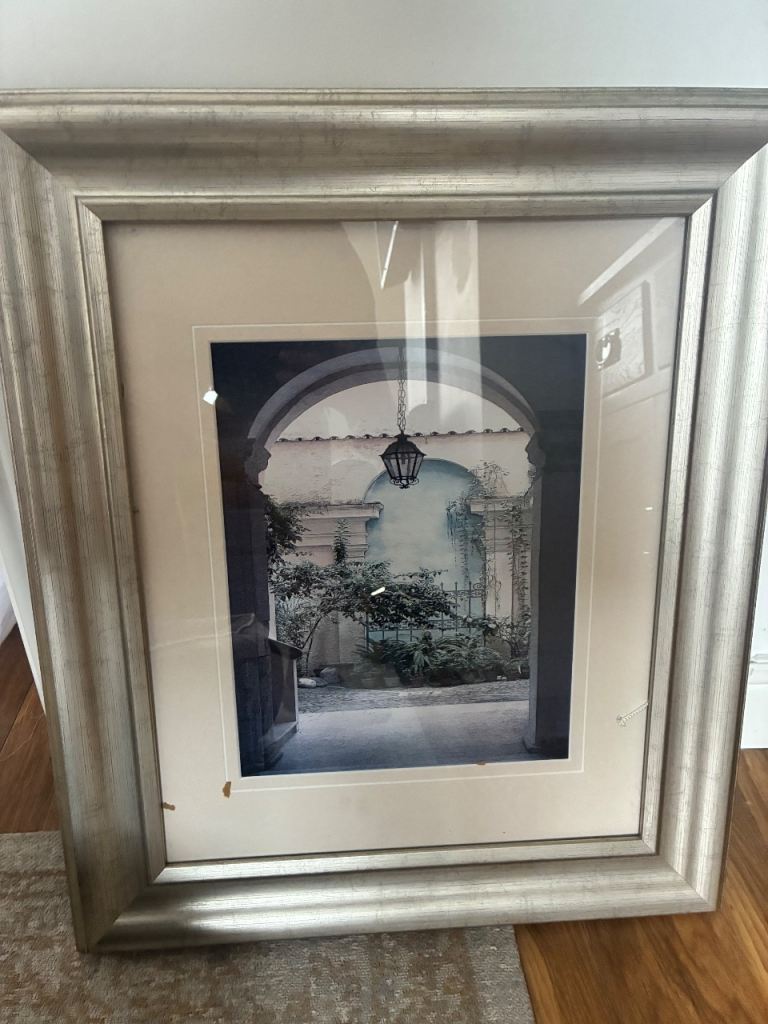 Silver Framed Wall Art Print – Arched Courtyard Scene, Good Condition