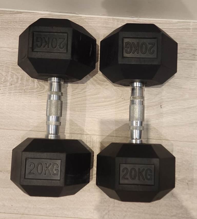 New 2x 20kg hex rubber dumbbells 