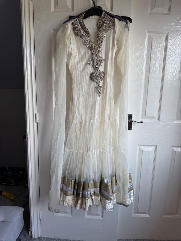 White & Gold/Silver Trimmed Dress - Asian/Pakistani Style