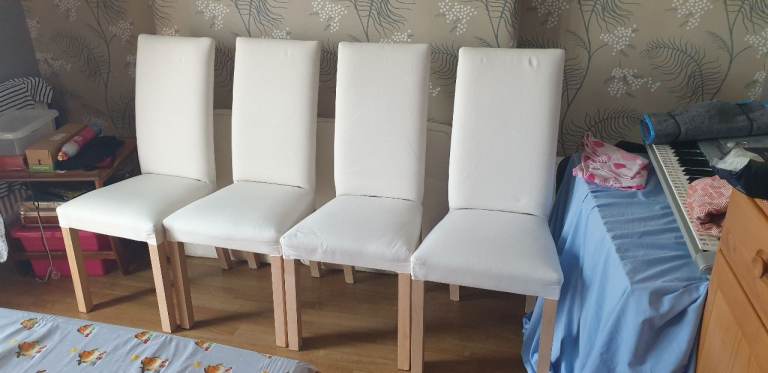 x4 IKEA DINING ROOM CHAIRS WITH COVERS, WHITE