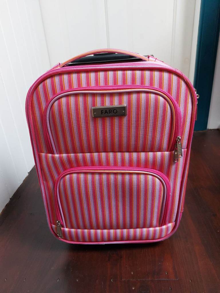 Child's small wheeled bag, pink striped