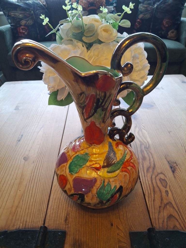 Henri Bequet Belgian Ceramic Jug Vase with Ornate Handle, Bird & Flower Design