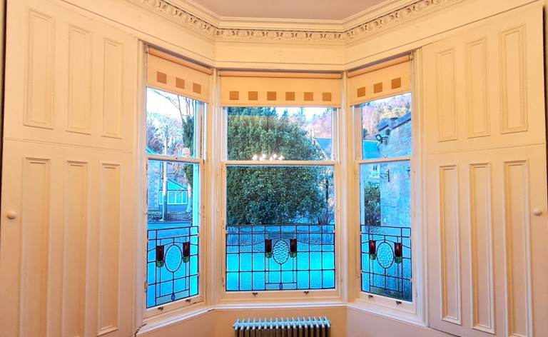 Antique Bay Window Set of Leaded Stained Glass Panels - Art Nouveau Tulip Design