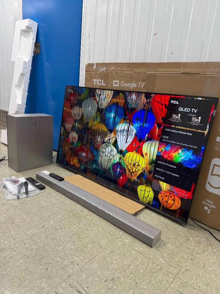 TCL 55 inch 4K QLED 144Hz Smart TV Onkyo 2.1 Dolby Atmos 2025 with Samsung soundbar sound system 