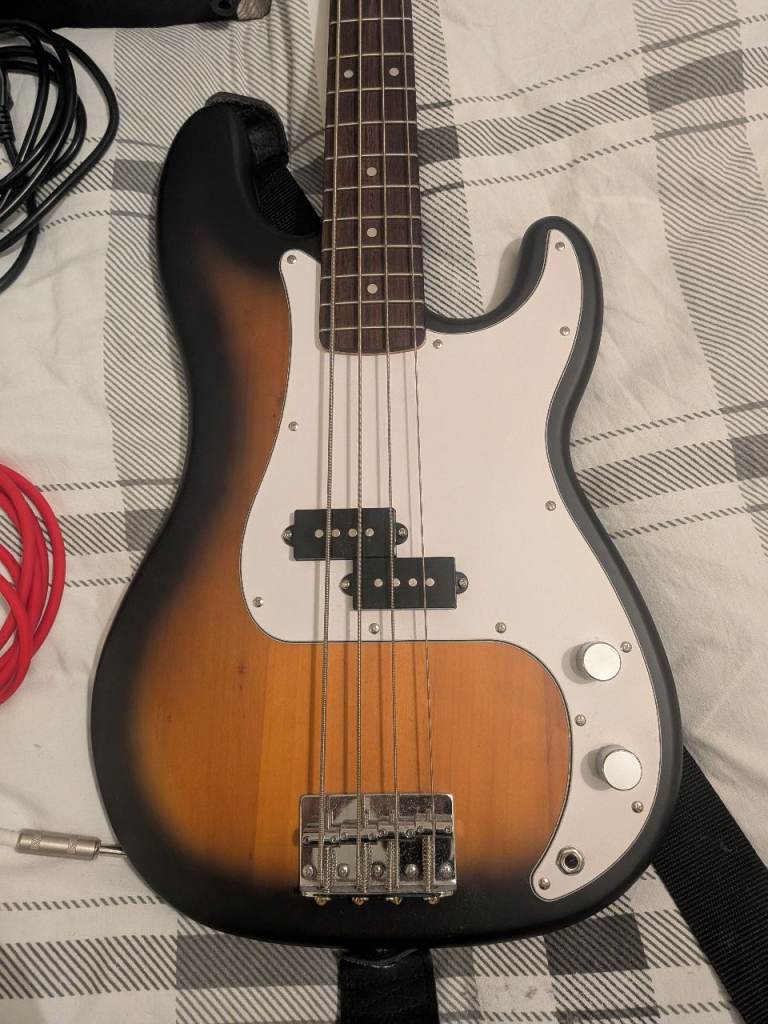 Squire Precision Bass Guitar with Fender Rumble 15 Amp and Cables