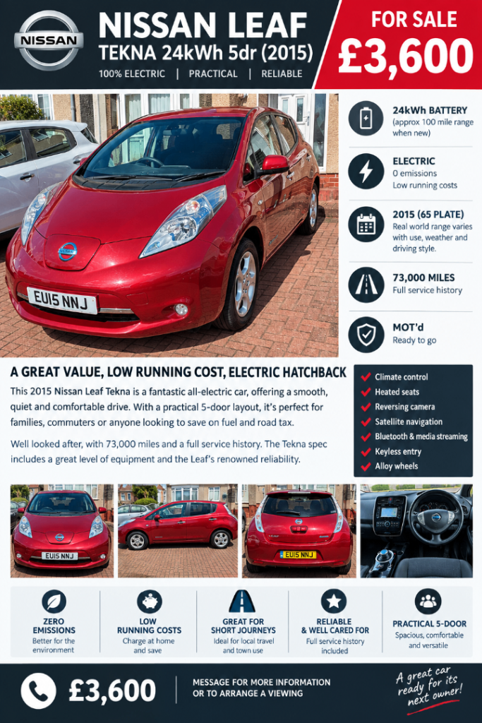 Nissan, LEAF, Hatchback, 2015, Other, 1 (cc), 5 doors