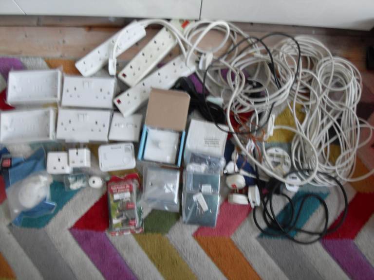 Mixed Job Lot of Electrical Sockets, Dimmer Switches, Extension Leads, and Cables