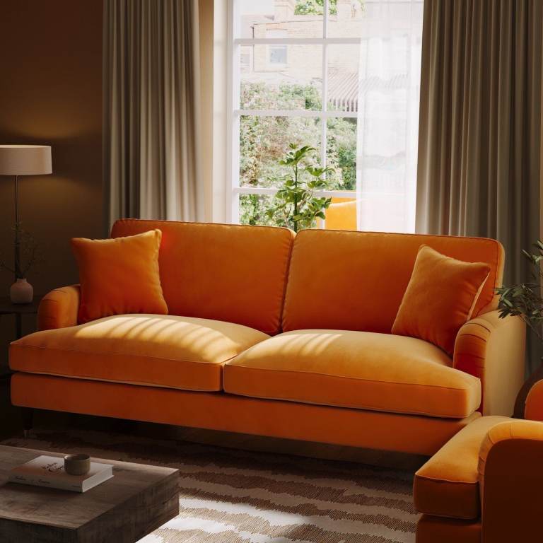 Orange Velvet Sofa 3 Seater Foam Filled with Saddle Arms Dark Wood Gold Legs