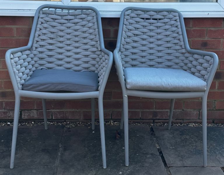 Pair of garden chairs in grey with cushions decking  seating outdoors bench patio sofa 